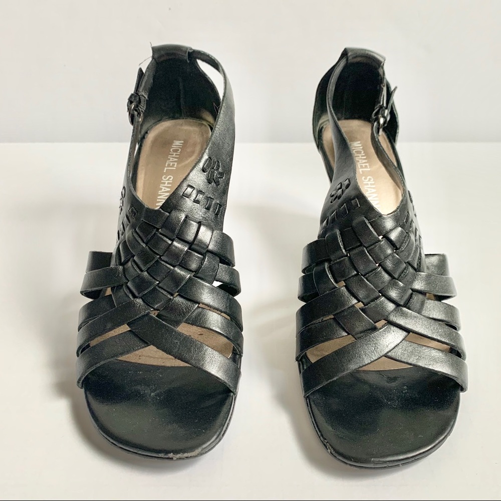 Black Strappy Wedge Leather Sandals 7 1/2 Medium